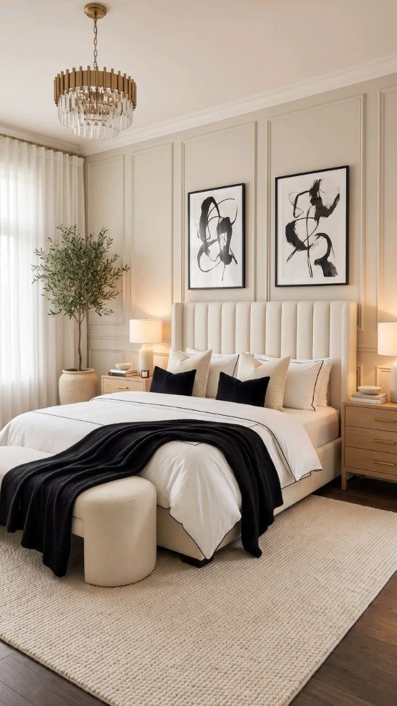 Cozy modern luxury bedroom with vertical fluted headboard, layered white and black bedding, and warm ambient lighting