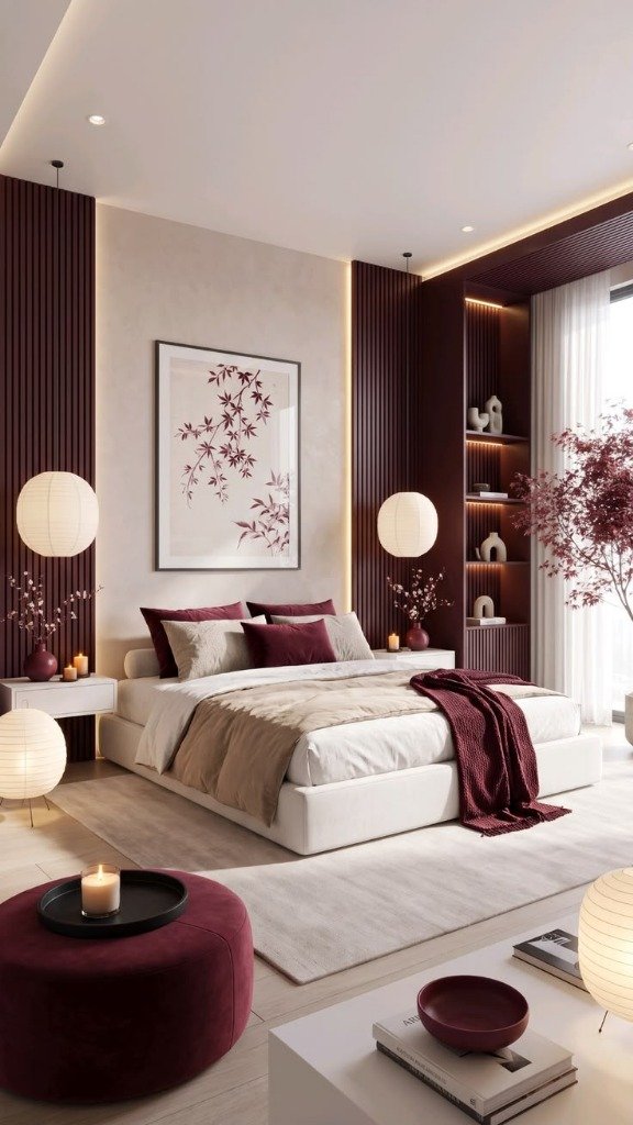 Japandi bedroom with burgundy fluted wood slat wall and glowing paper globe lanterns