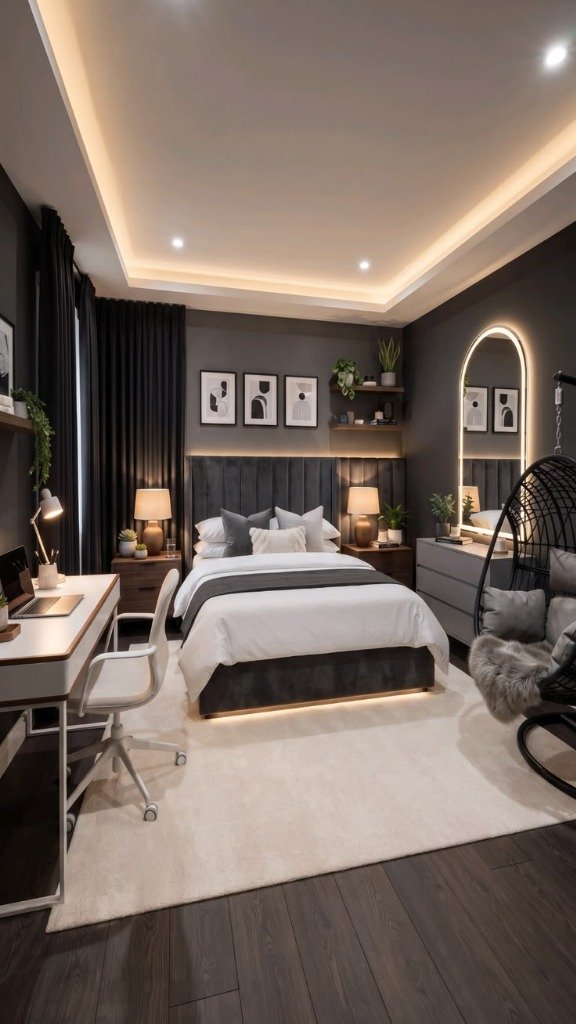 Moody modern bedroom featuring cove ceiling lighting and backlit arch mirror