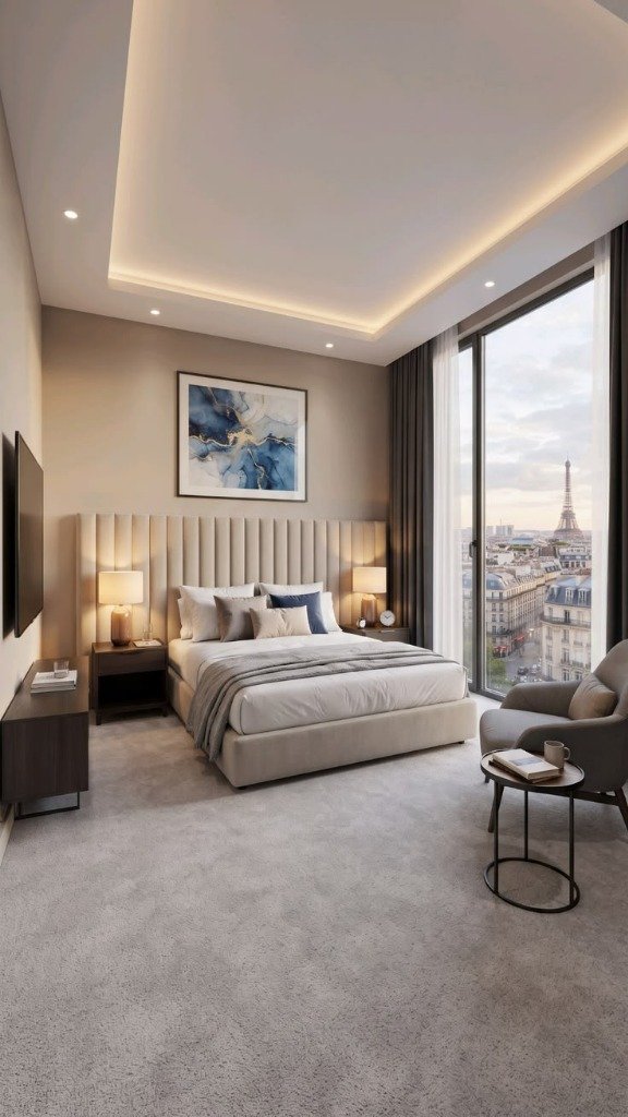 Sunlit master bedroom suite with reading chair and expansive panoramic window view